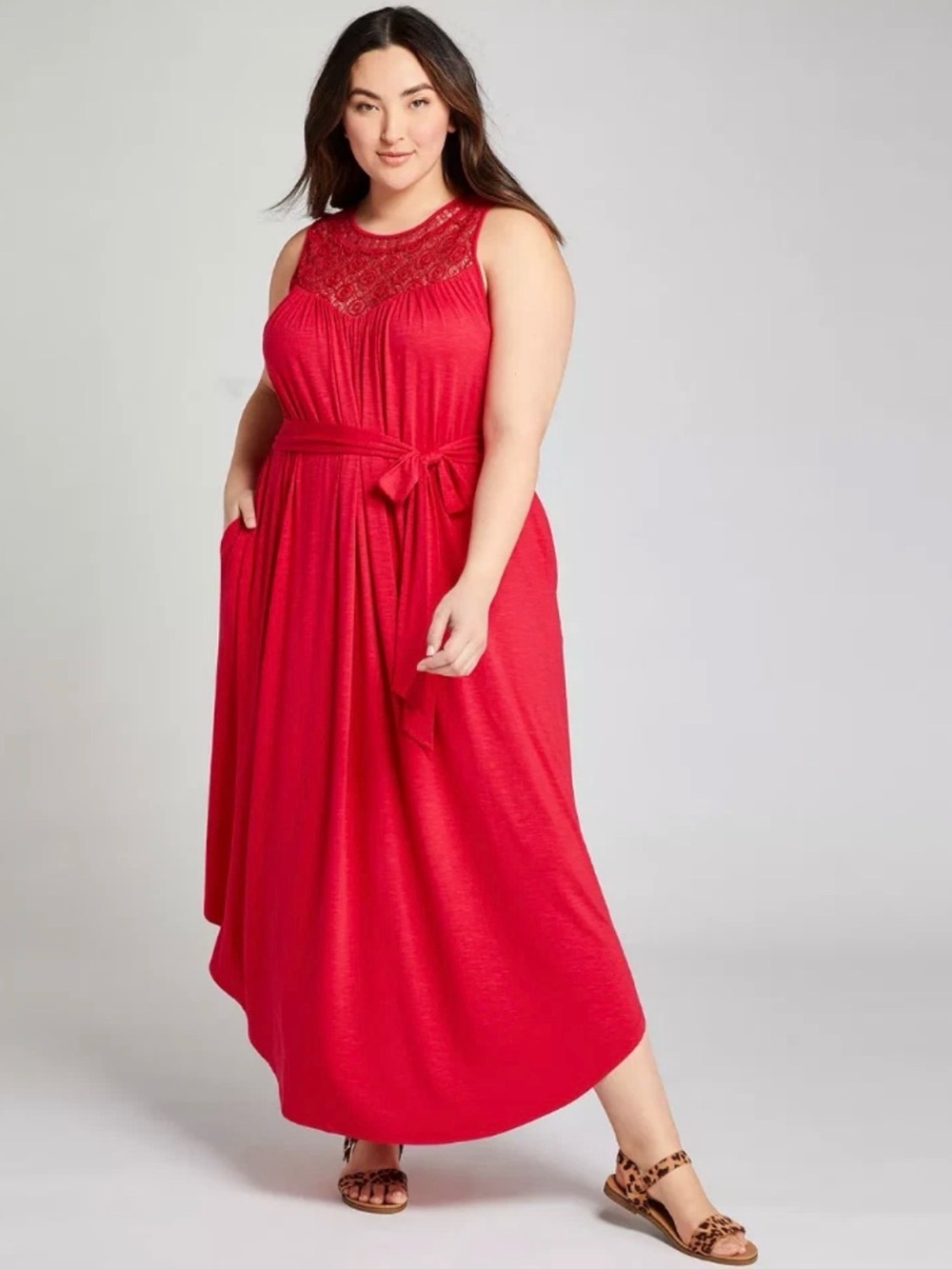 Lane Bryant Red Crochet-Yoke Sleeveless Maxi Dress with Tie Waist - 14/16